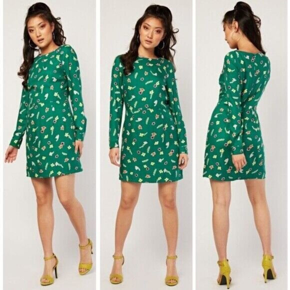 Long Sleeve Teacher Fashion Floral Print Sheath Knee Length Green Daisy Dress - Picture 3 of 9